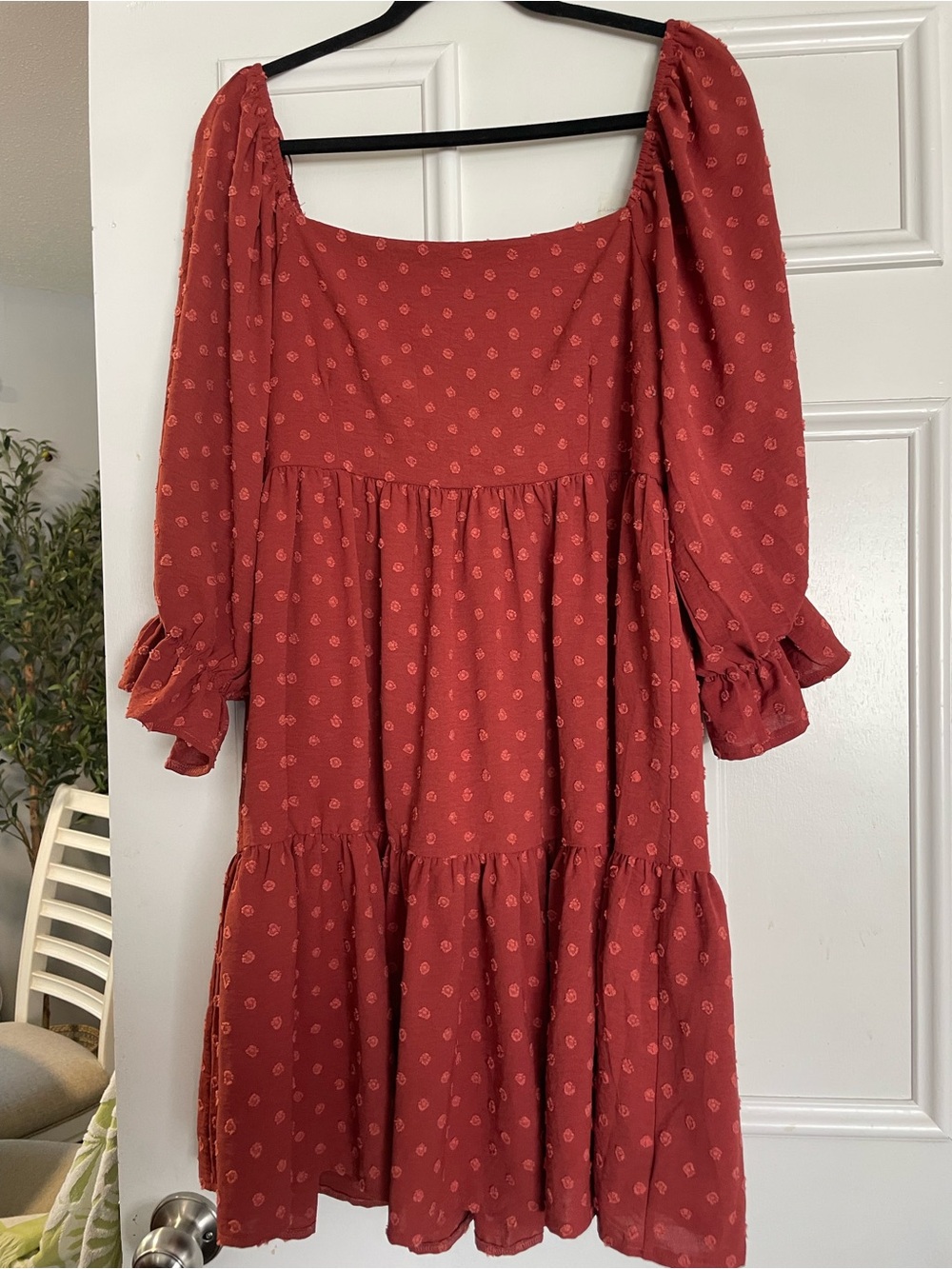 PinkBlush Burnt Orange Swiss Dot Tiered Long Sleeve Square Neck Mini Dress